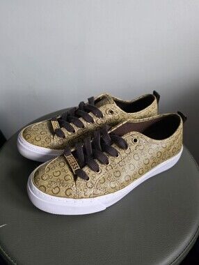 Guess Kids Logo Print Lace Up Sneakers Gold Brown Monogram Casual Shoes Size 6.5